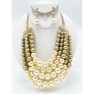 Clip on multi strand gold, matte gold, and cream pearl necklace set